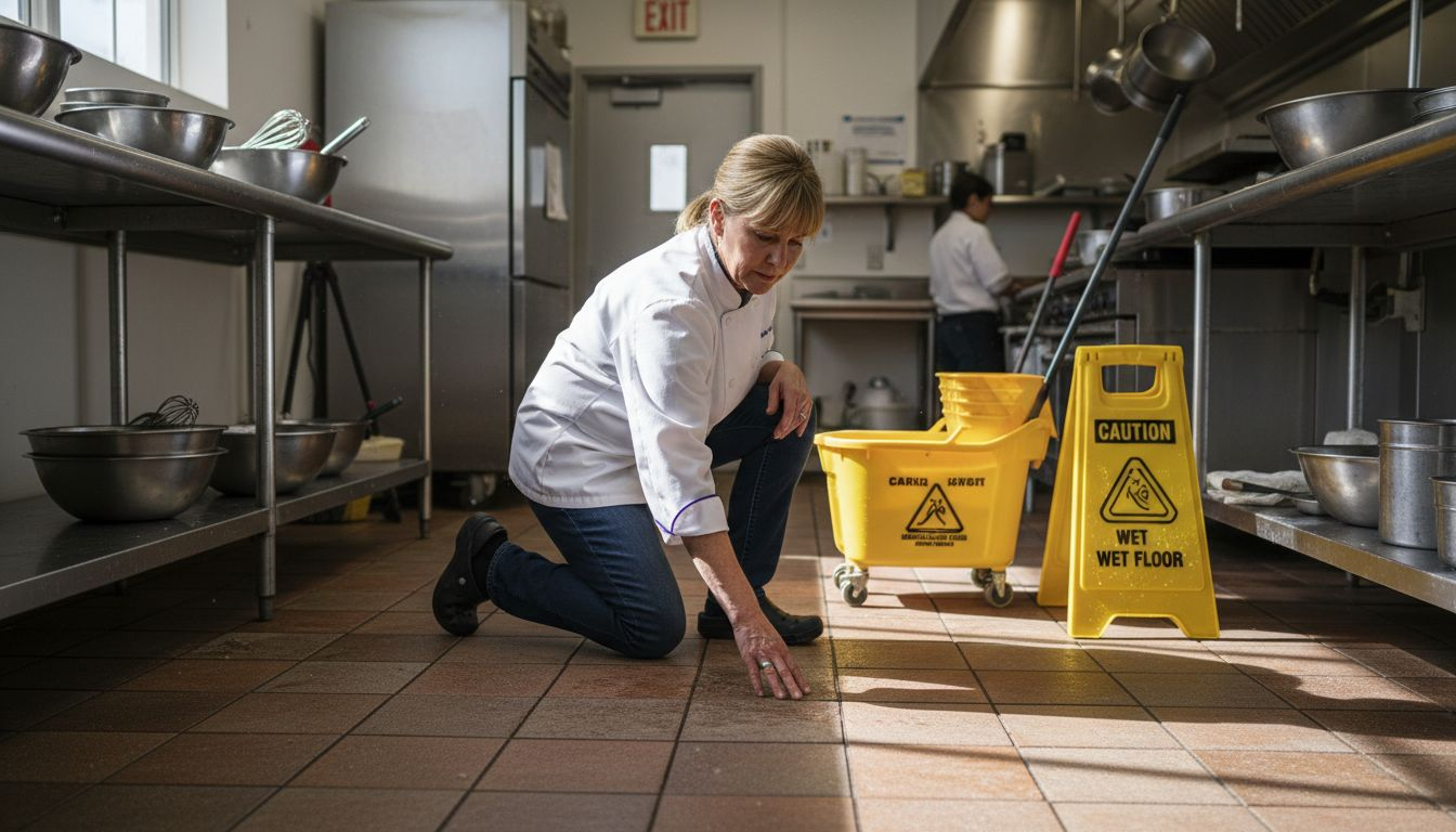Kitchen manager inspects non slip floor