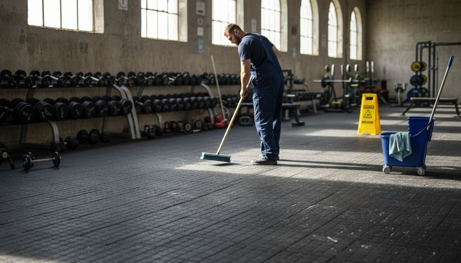 Worker cleaning rubber gym floor near weights