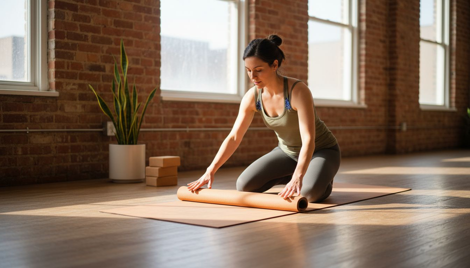 Yoga practitioner rolling eco-friendly mat