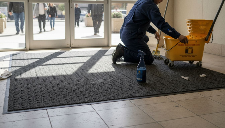 Worker cleaning Waterhog mat in lobby