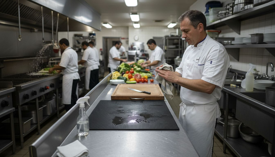 Chef using non slip mat in kitchen