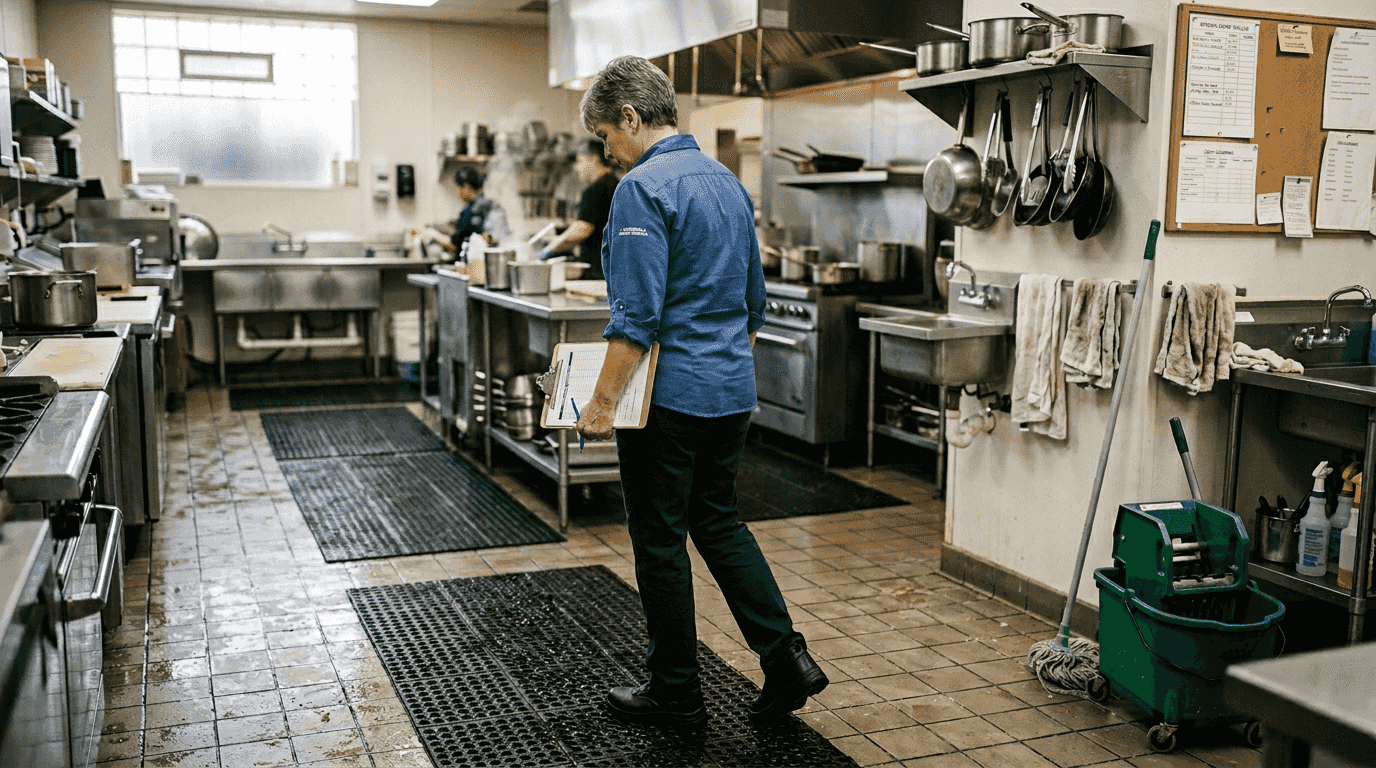 Facility manager inspecting wet mats for safety