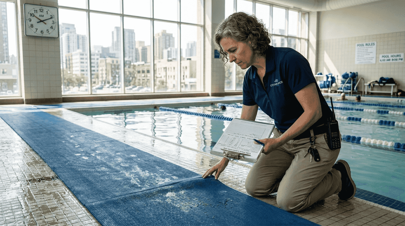 Facility manager inspects pool safety mat
