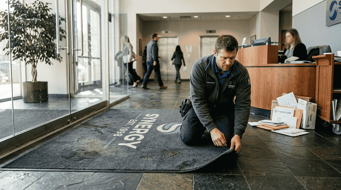 Facilities manager fixing branded entry mat