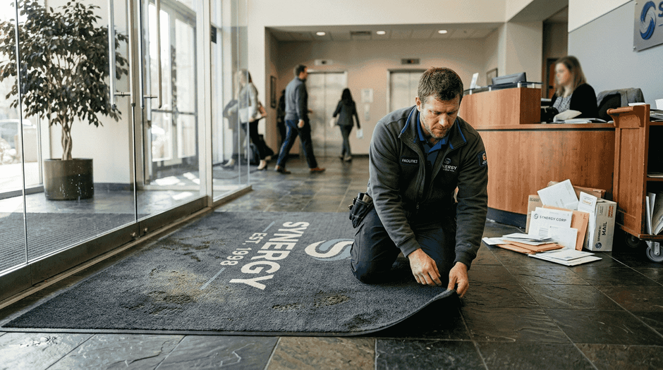 Facilities manager fixing branded entry mat