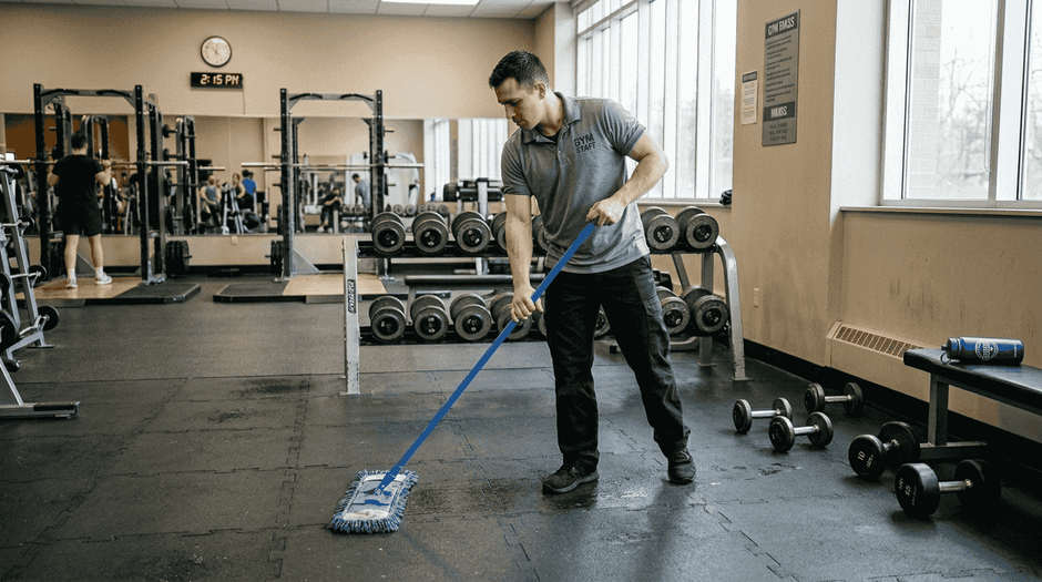 Worker mopping rubber gym floor with microfiber mop