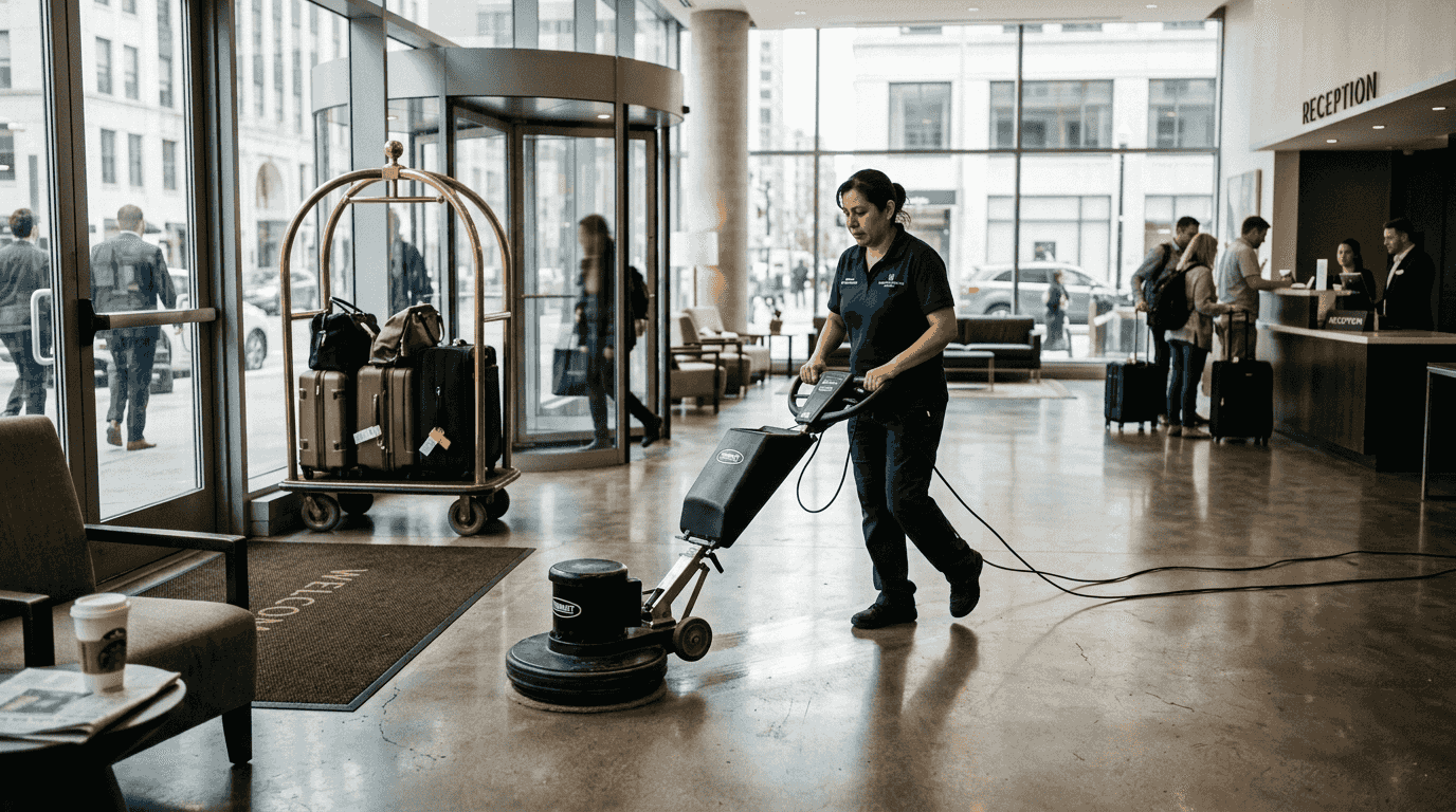 Janitor polishing busy commercial lobby floor