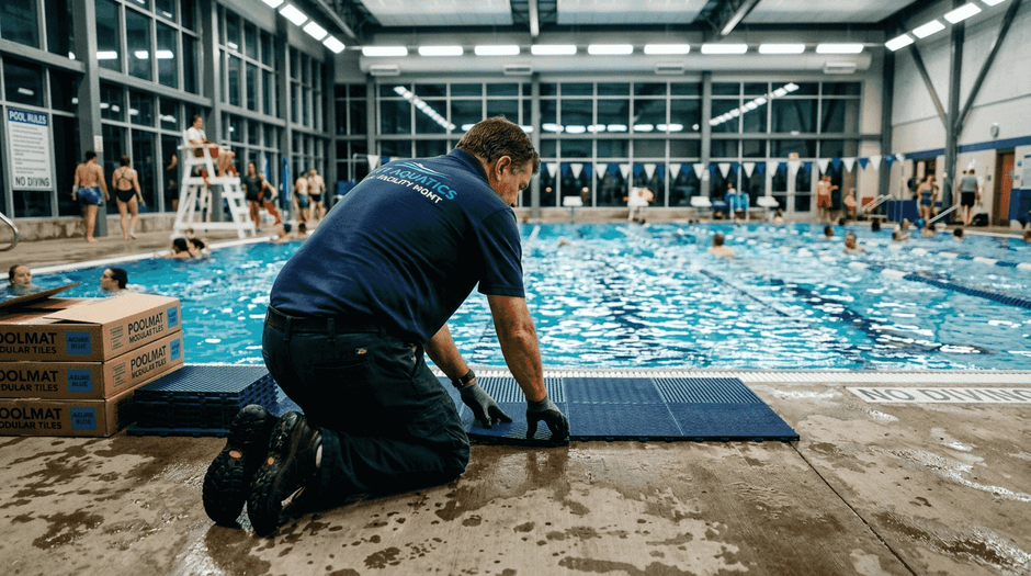 Pool manager installing commercial pool mats