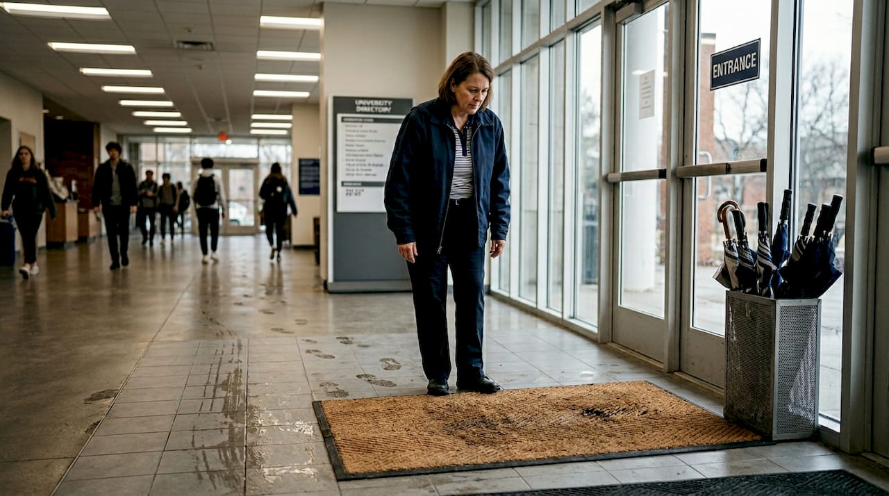 Manager examines eco-friendly mat at entrance
