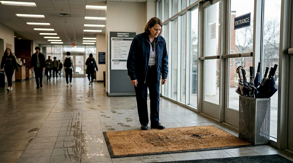 Manager examines eco-friendly mat at entrance
