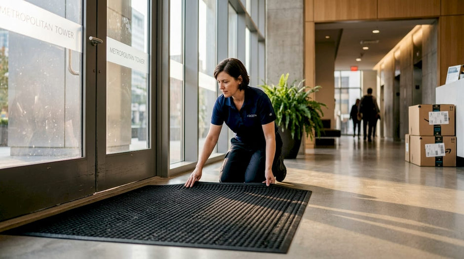 Manager adjusts recycled rubber entry floor mat