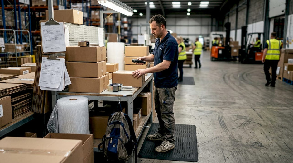 Warehouse worker using anti-fatigue mat