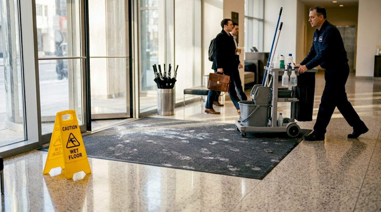 Janitor cleaning an entry mat in lobby