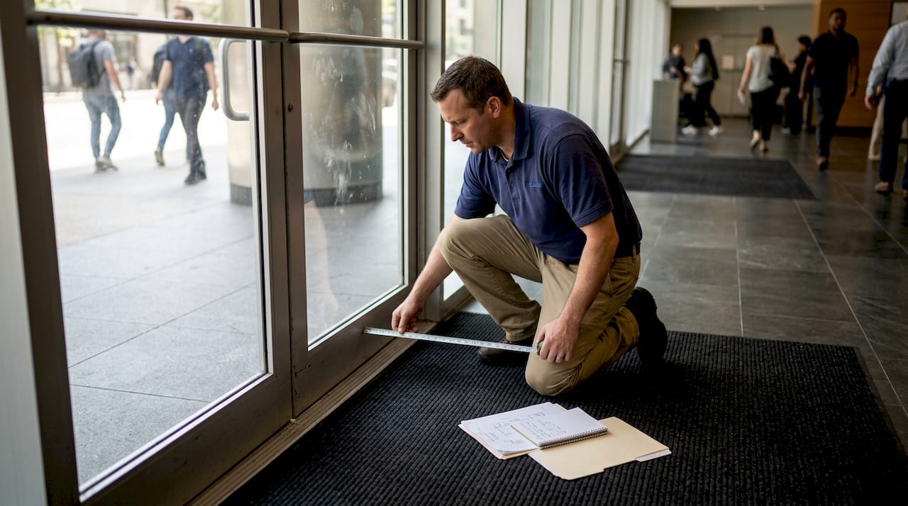 Facility manager measuring entrance mat width