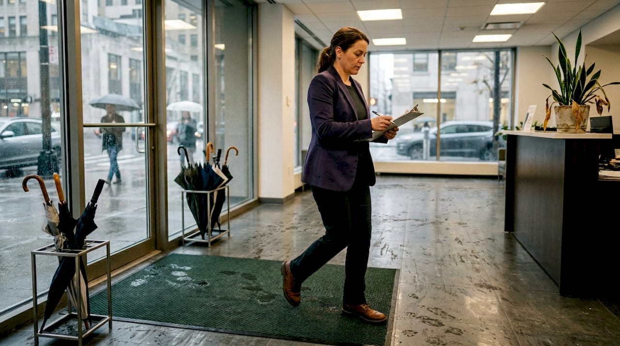 Manager stepping on recycled mat in lobby