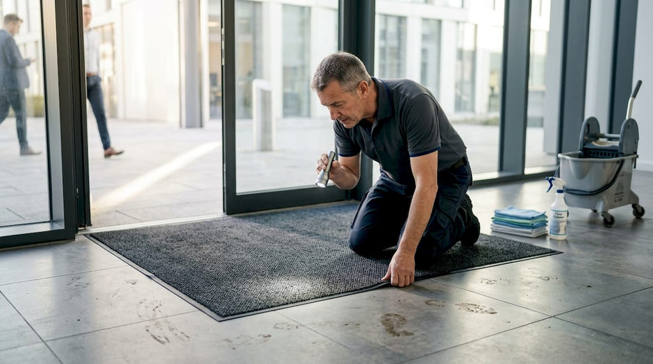 Facility manager inspecting entrance mat durability