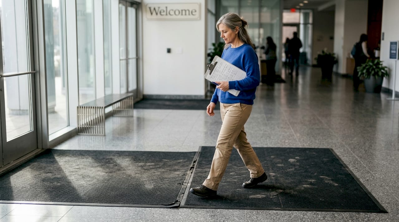 Manager inspecting eco-friendly mat in lobby