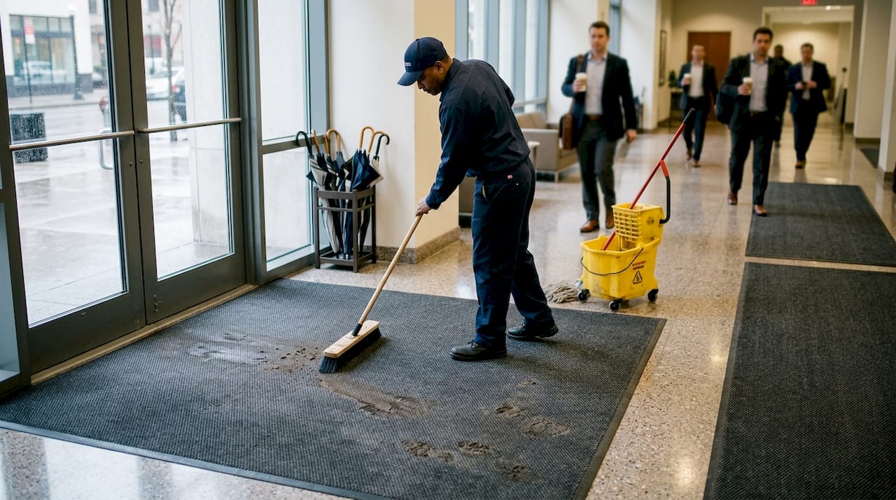 Worker cleaning Waterhog mat in busy lobby