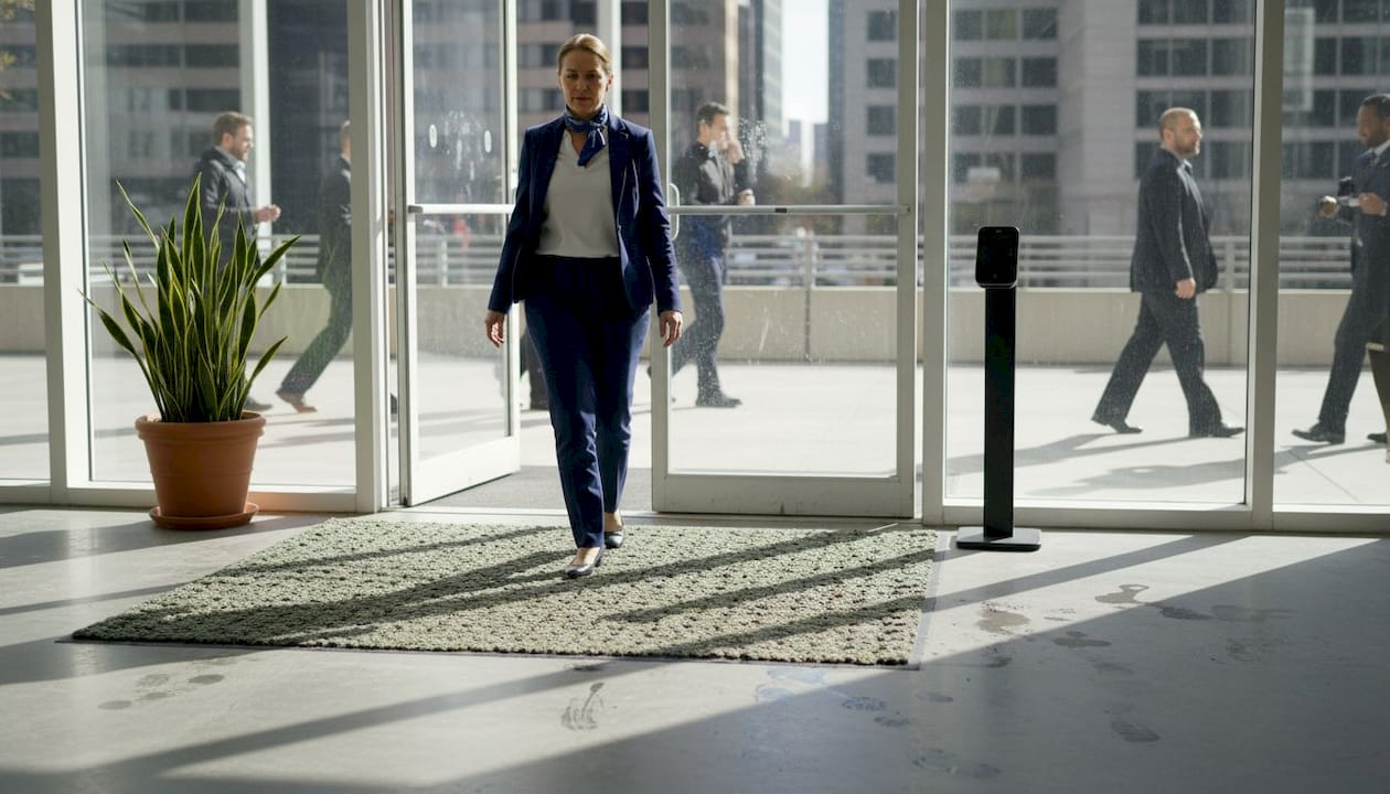 Facility manager walking on eco mat entrance