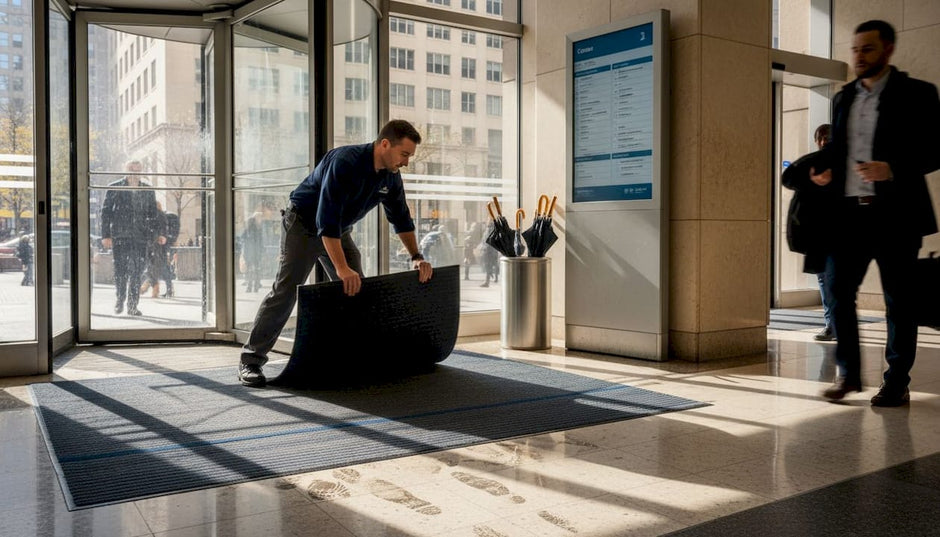 Manager adjusting mat at busy facility entrance