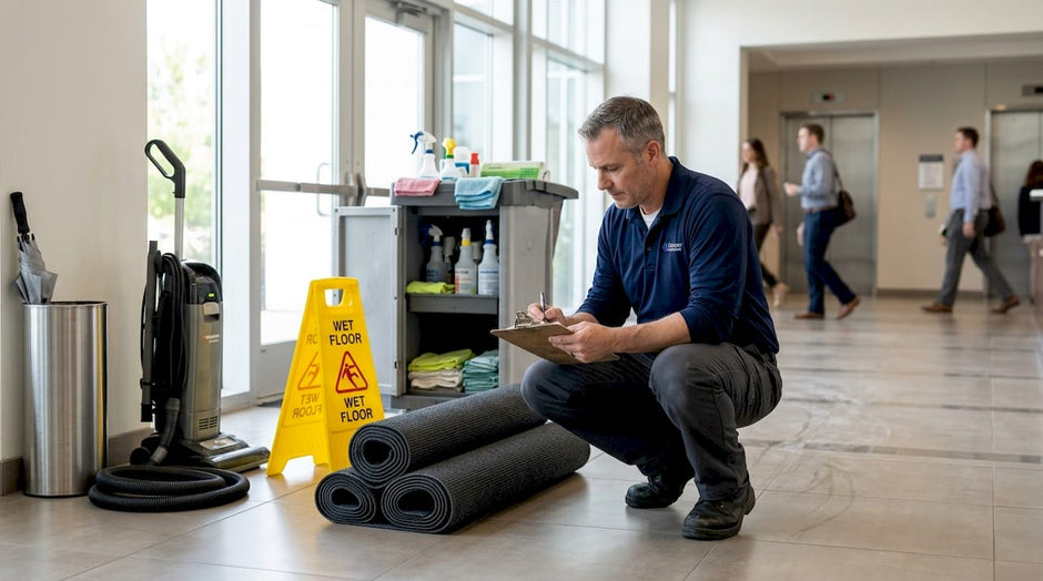 Maintenance manager preparing floor mats at office lobby