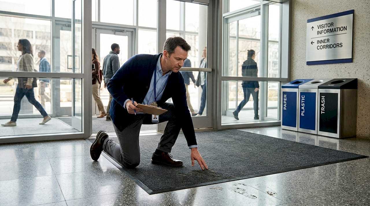 Facility manager examining eco-friendly entry mat