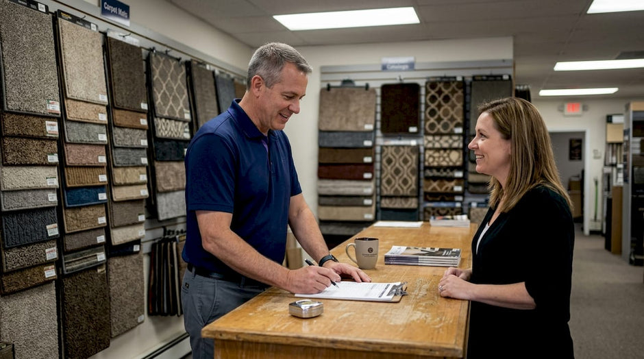 Shop manager reviewing carpet mat orders