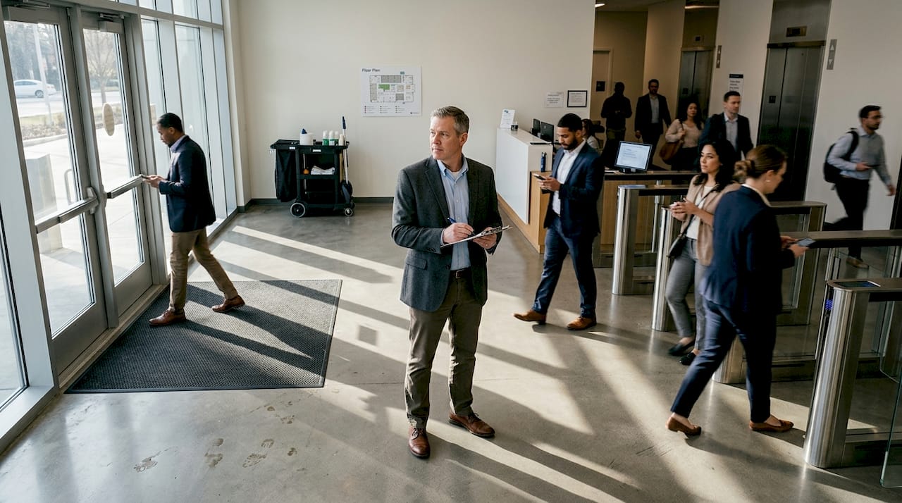 Manager surveys high-traffic commercial building entrance