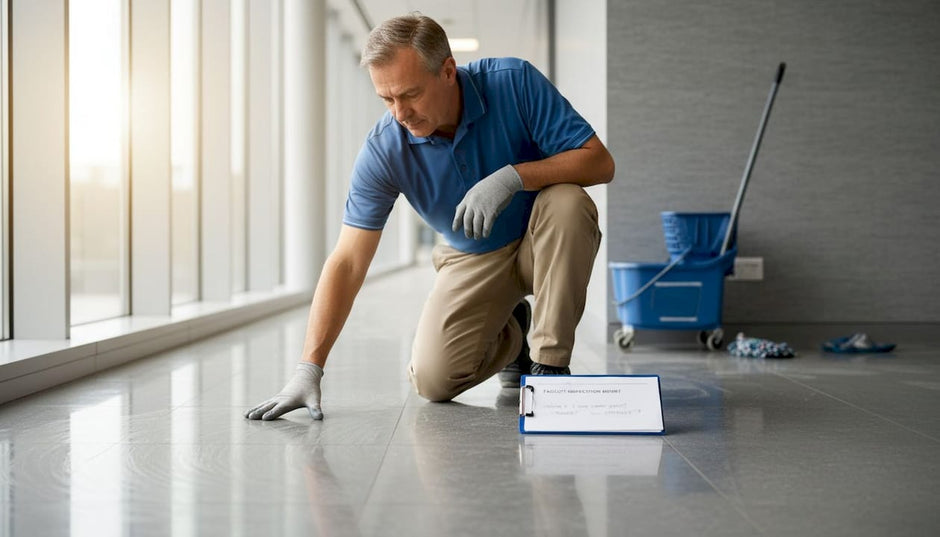 Facility manager inspects clean dry subfloor