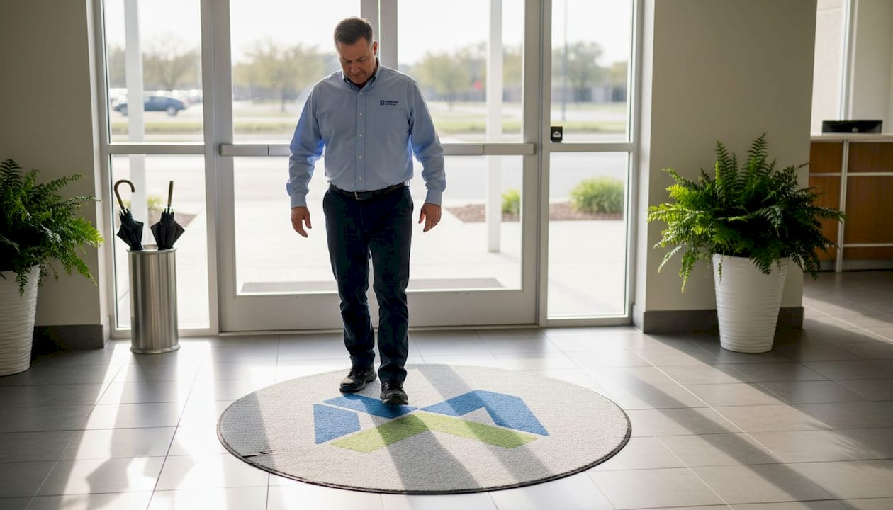 Manager entering lobby with large logo mat