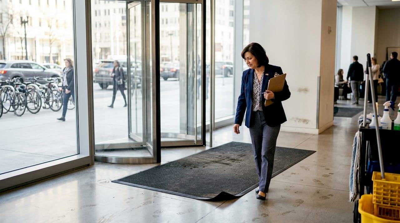 Facility manager inspecting high-traffic entry mat