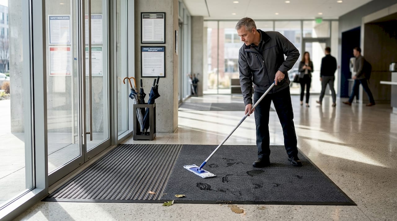 Office building lobby with entrance mat zones
