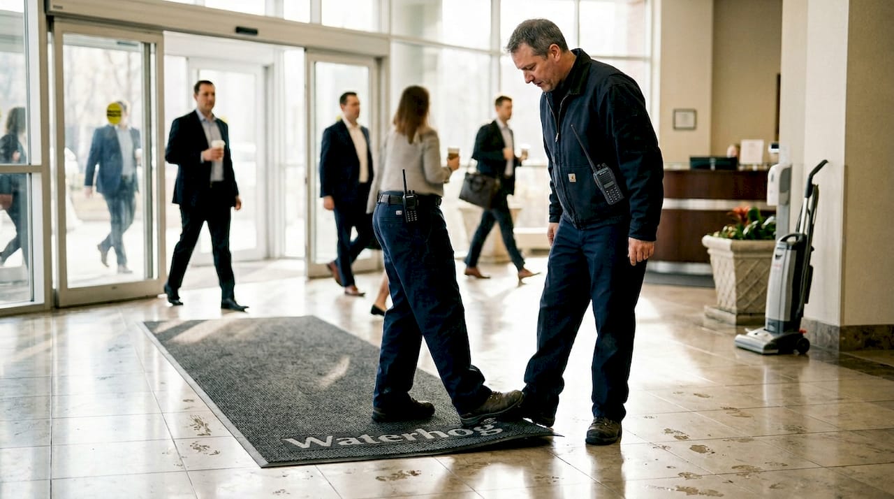 Worker adjusting Waterhog mat in office lobby