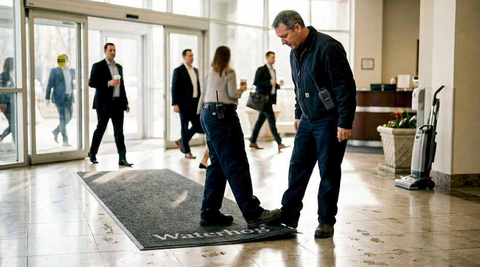 Worker adjusting Waterhog mat in office lobby