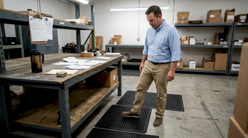 Facility manager testing floor mats in warehouse