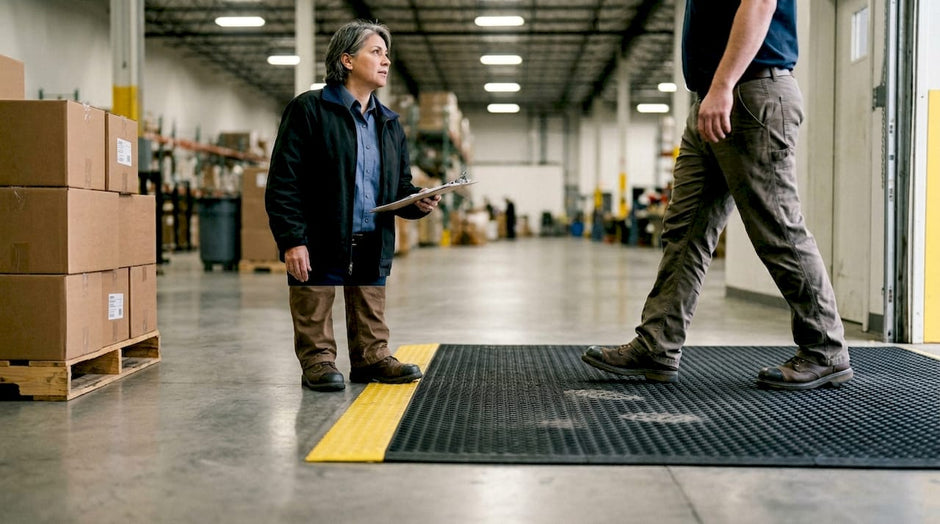 Employee walking across safety mat in warehouse