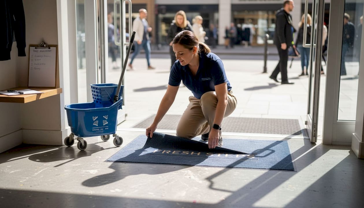 Manager inspecting custom branded floor mat at entrance