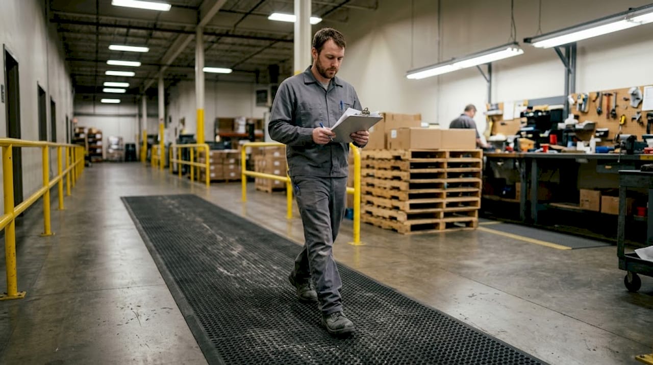 Worker on industrial anti-fatigue mat in warehouse