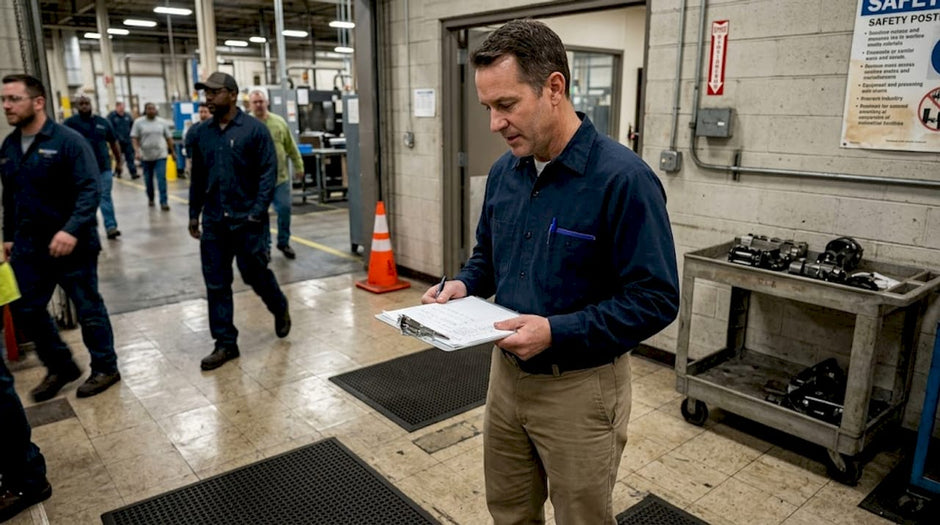 Plant manager reviewing industrial mats in entrance