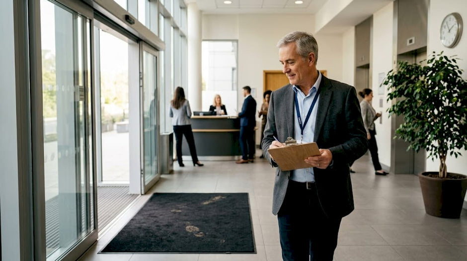 Facilities manager inspecting office entrance mat
