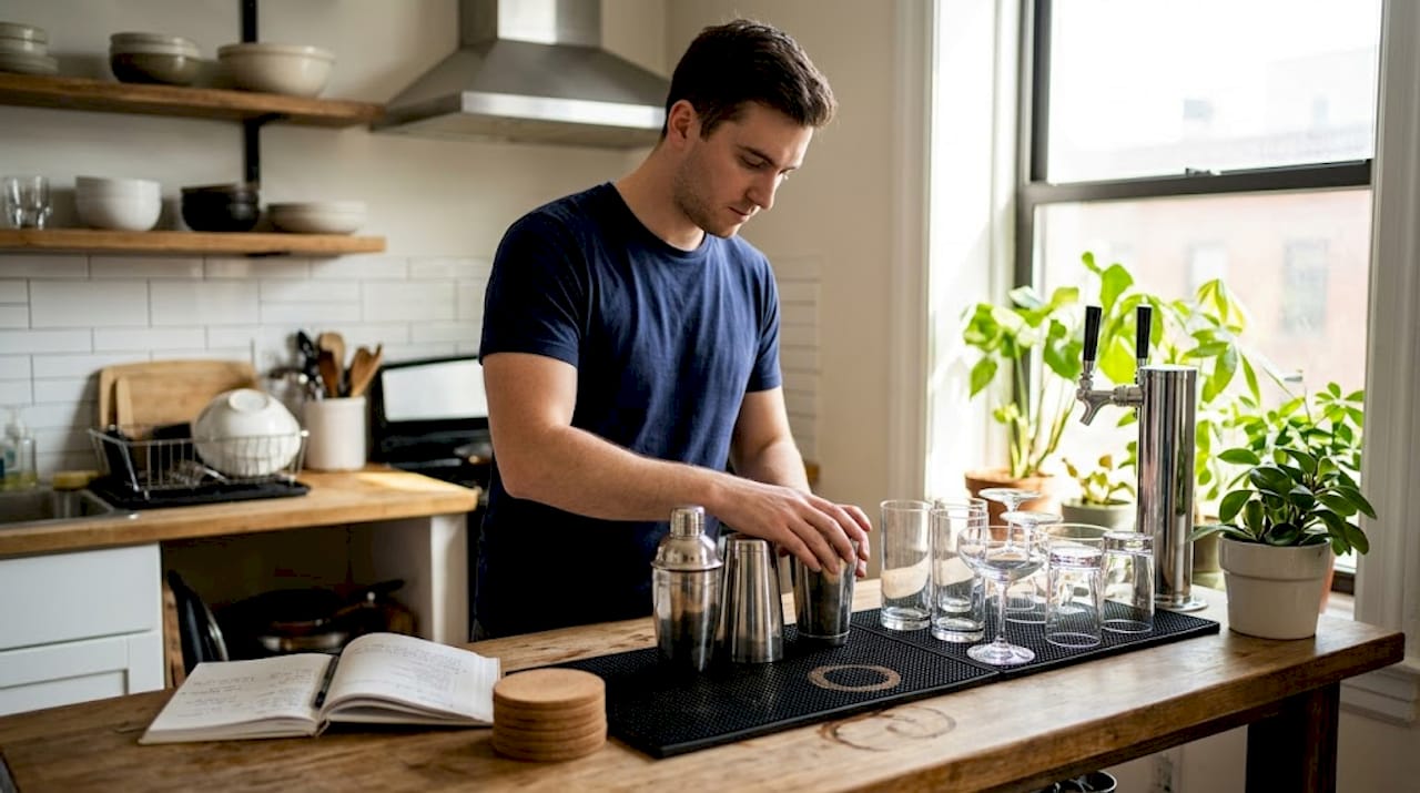Homeowner arranging drinks on bar mat
