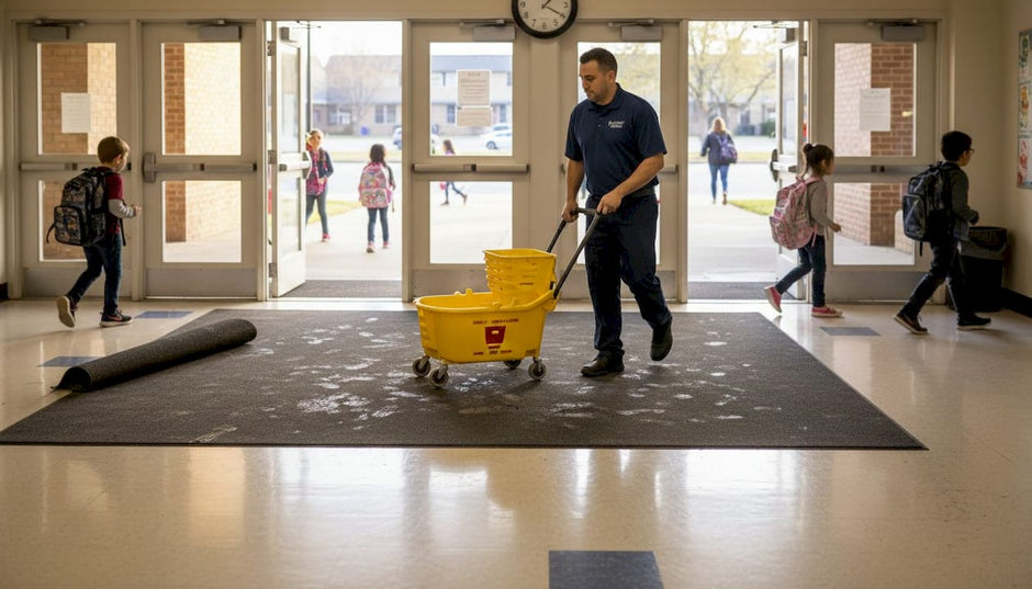 School entrance with busy durable mat and custodian