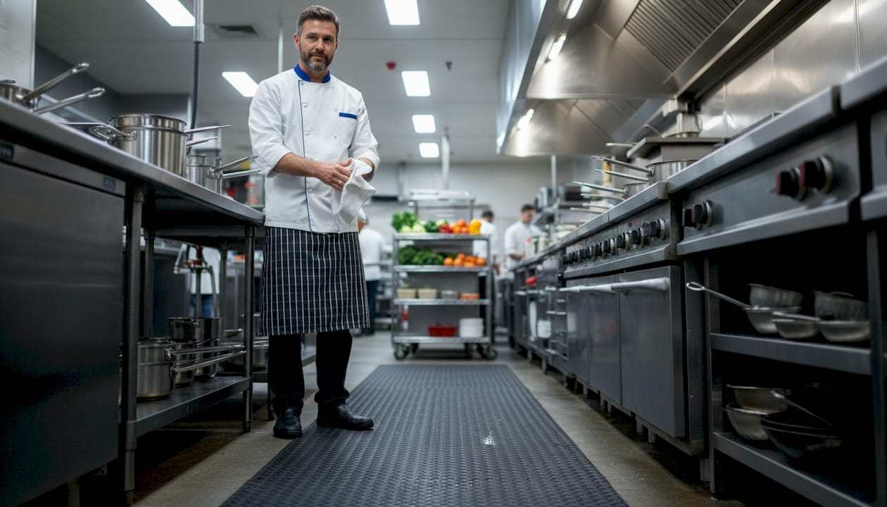 Chef using non-slip runner rug in kitchen