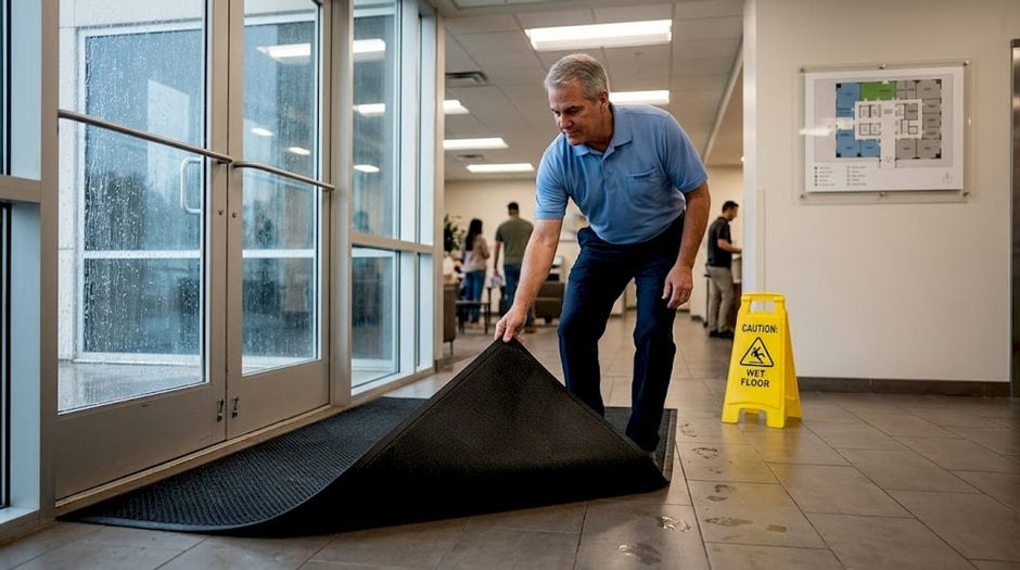 Manager placing mat in wet facility entry