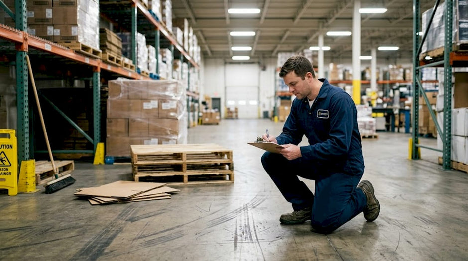 Facility manager checks warehouse floor protection
