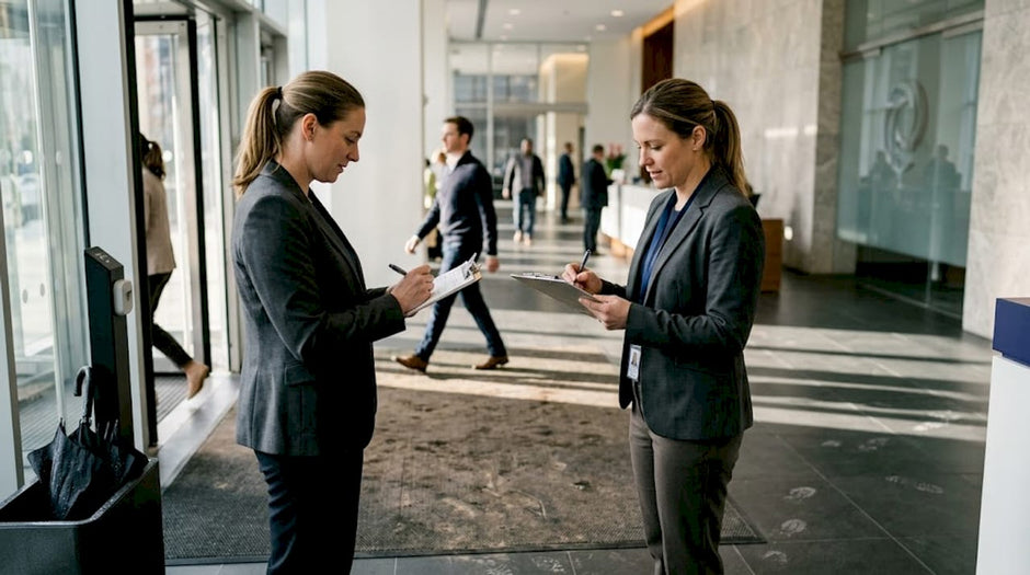 Manager checking entrance mat in busy lobby