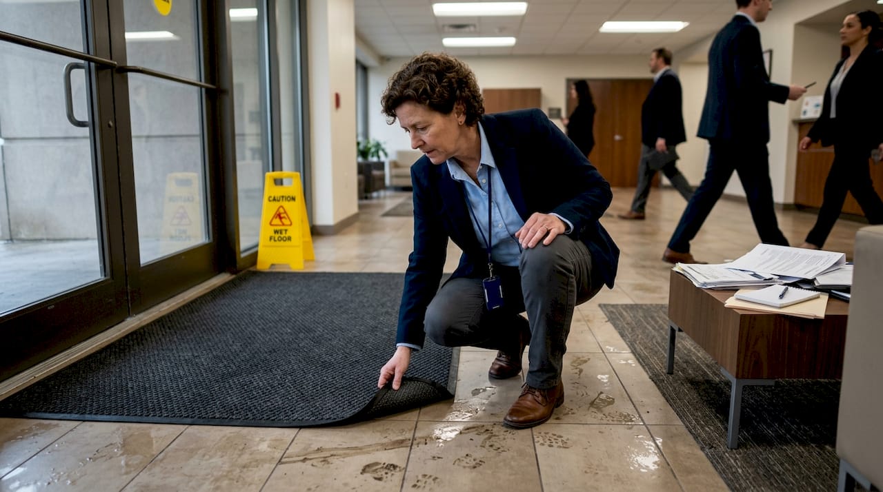 Facility manager inspecting lobby entry mat