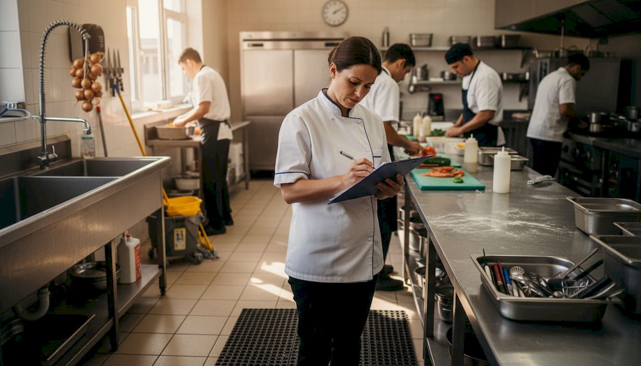 Supervisor checks non-slip mat in kitchen