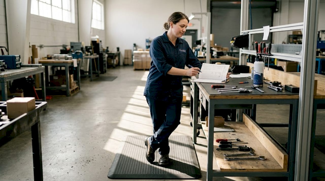 Worker checks inventory on ergonomic mat