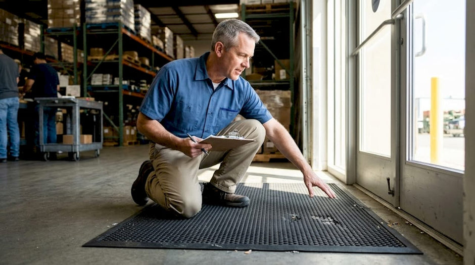 Facility manager checking rubber entrance mat